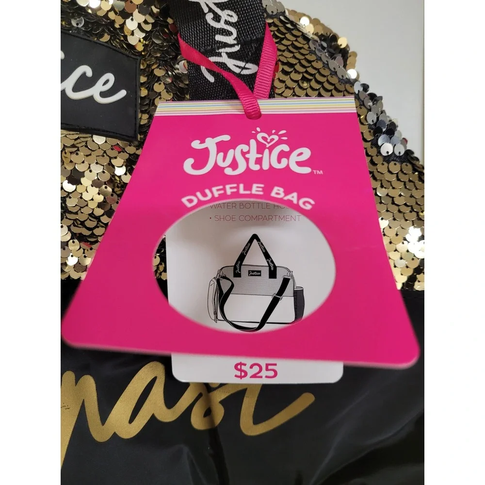 Justice‎ Gymnast Duffle Bag Gold Sequin Kids Travel Bag Shoe Compartment NWT